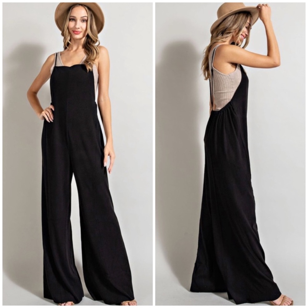 SOLD OUT Comfy Black Open Back Knit Wide Leg Boho Overalls Casual Solid Women's - Picture 1 of 6